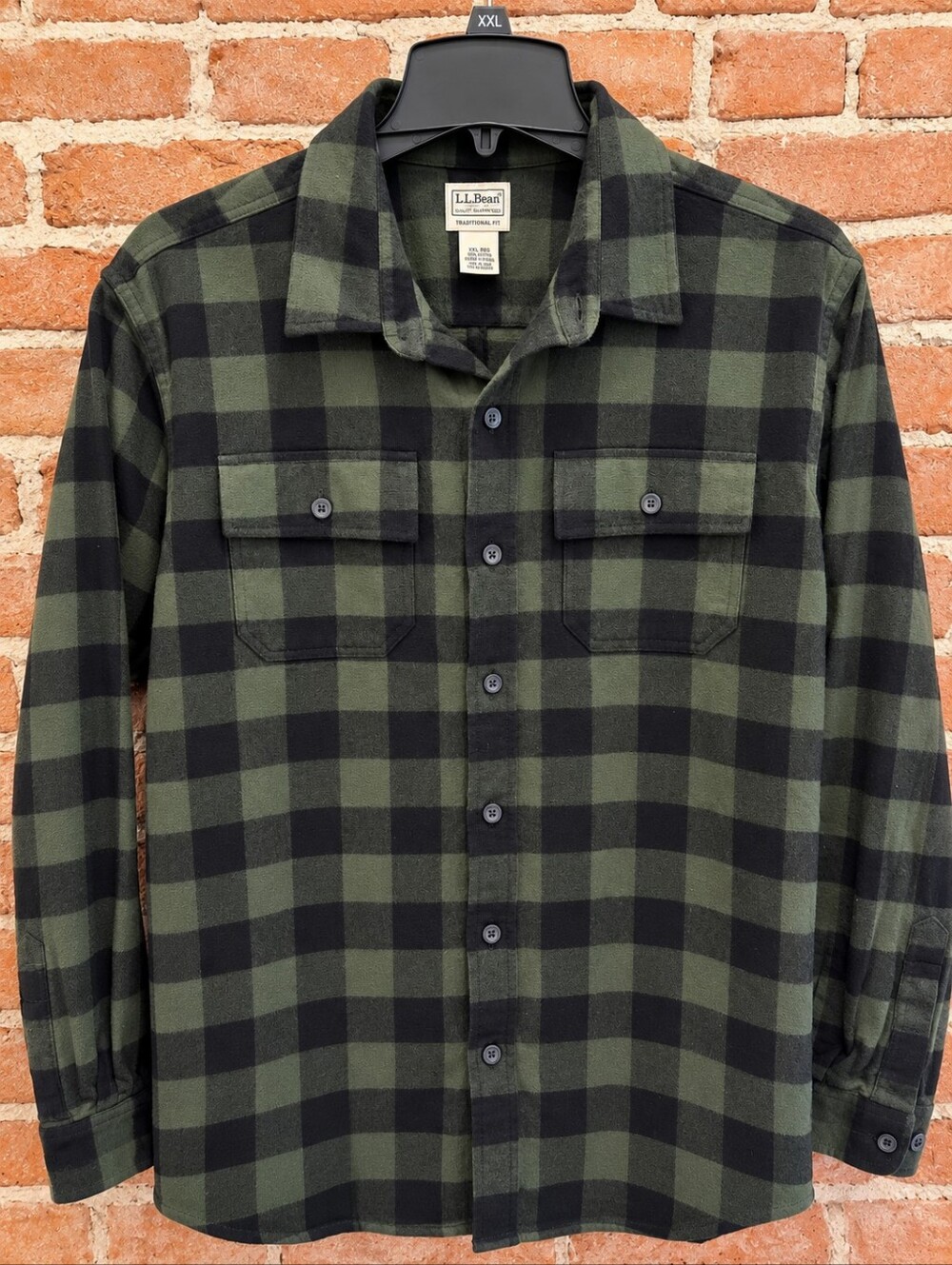 L.L.Bean Men’s XXL Green Black Buffalo Plaid Flannel Shirt 100% Cotton